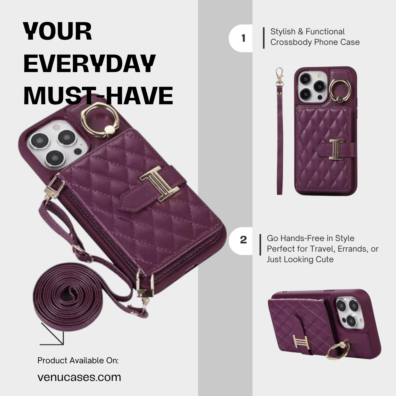 Chic Crossbody Card Case with Ring Deep Purple