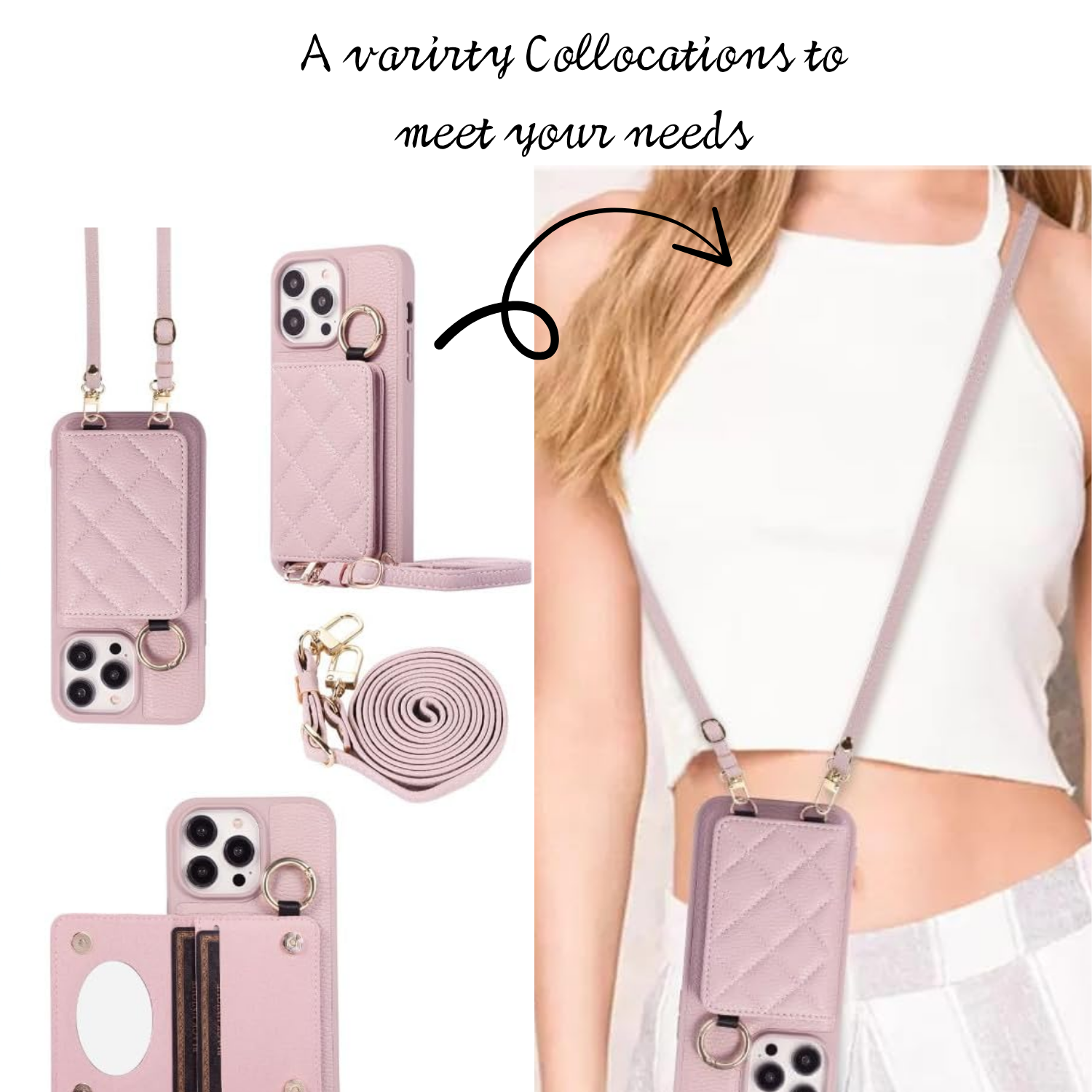 Ring Holder Crossbody Card Phone Case pink
