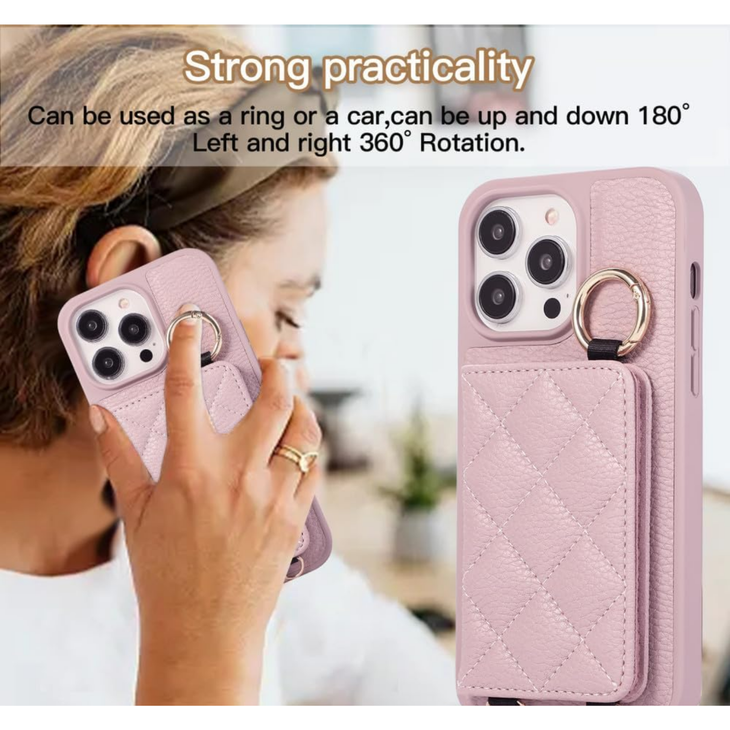 Ring Holder Crossbody Card Phone Case pink