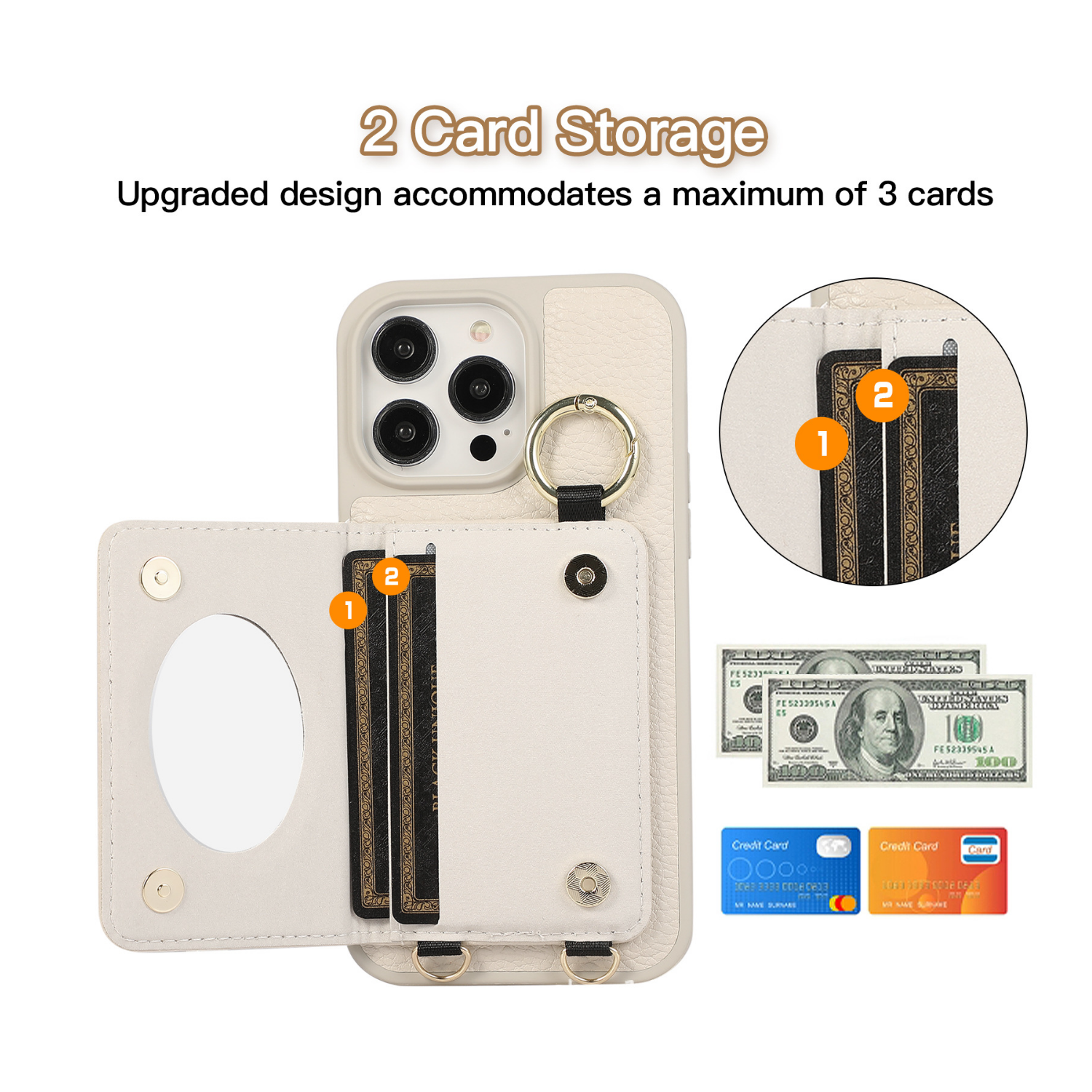 Ring Holder Crossbody Card Phone Case Cream White