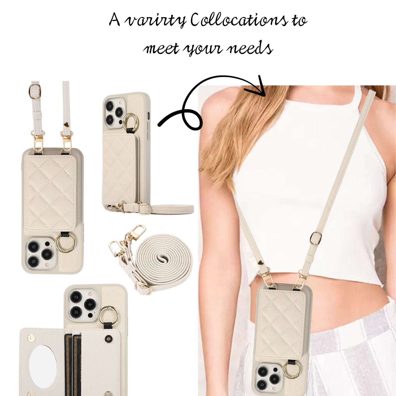 Ring Holder Crossbody Card Phone Case Cream White