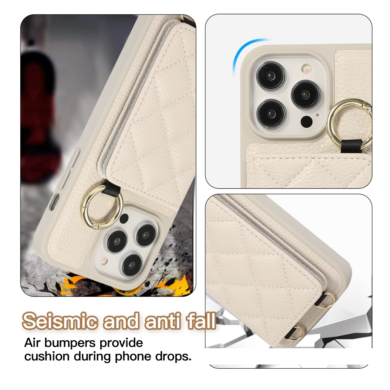 Ring Holder Crossbody Card Phone Case Cream White