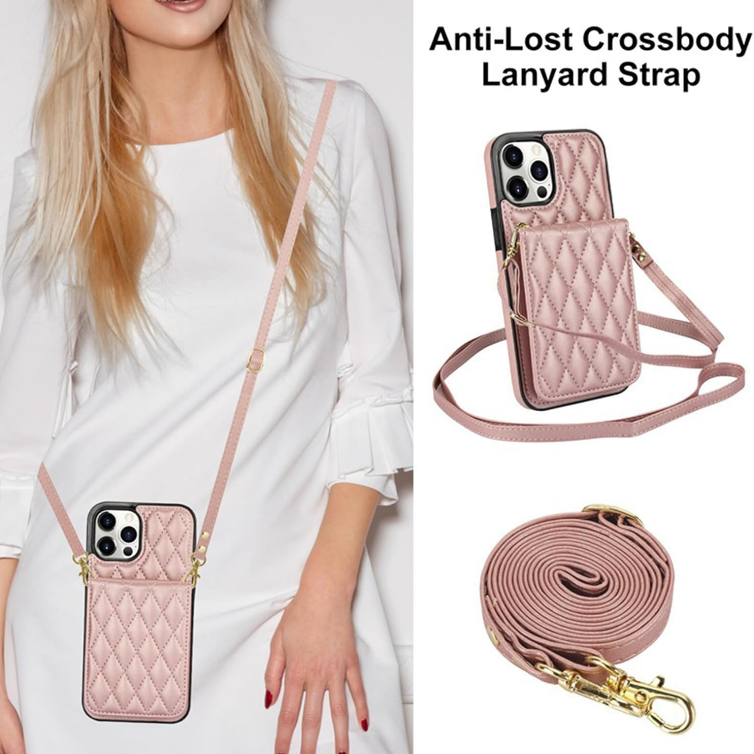 Women's Crossbody Leather Phone Case Rose Gold