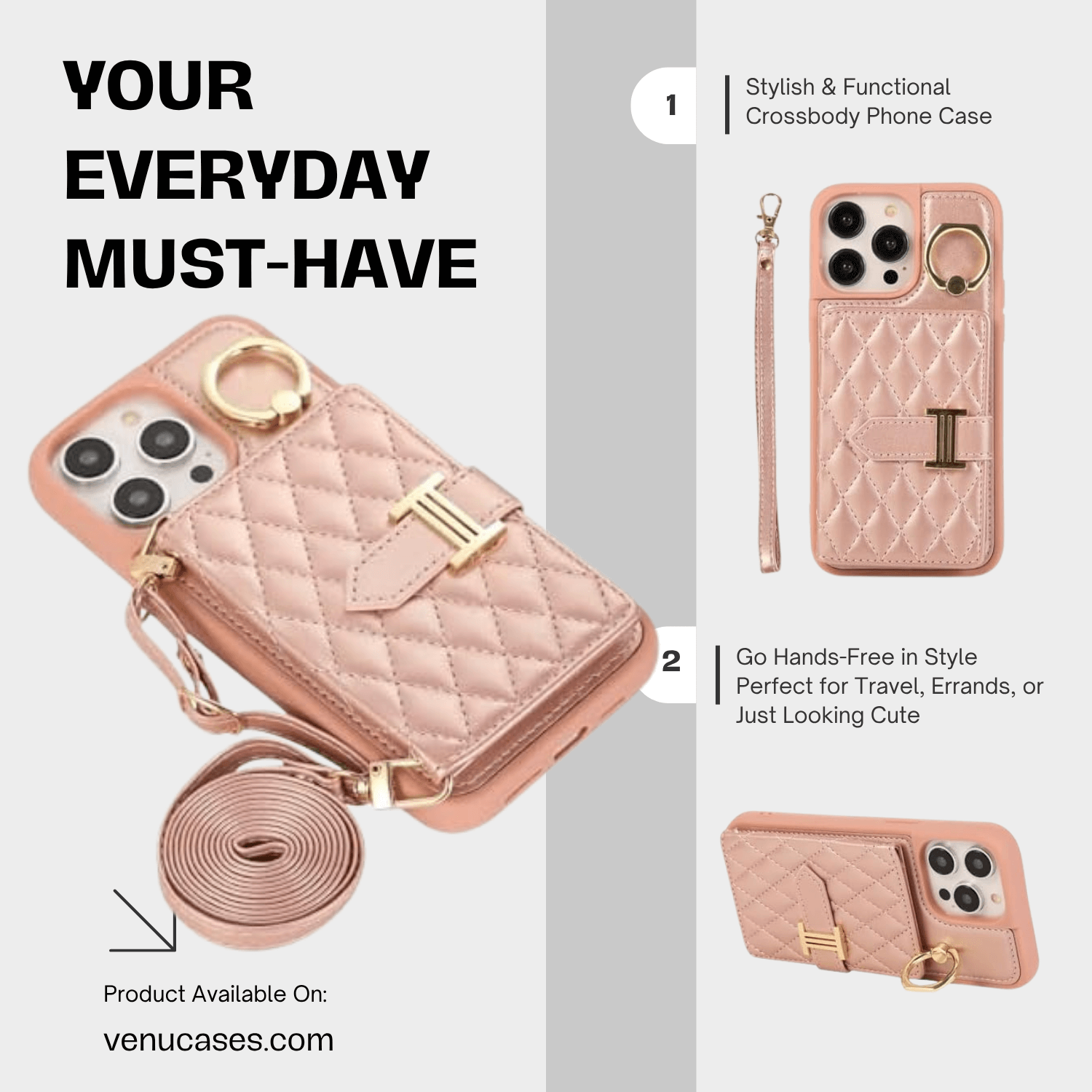 Chic Crossbody Card Case with Ring Rose Gold