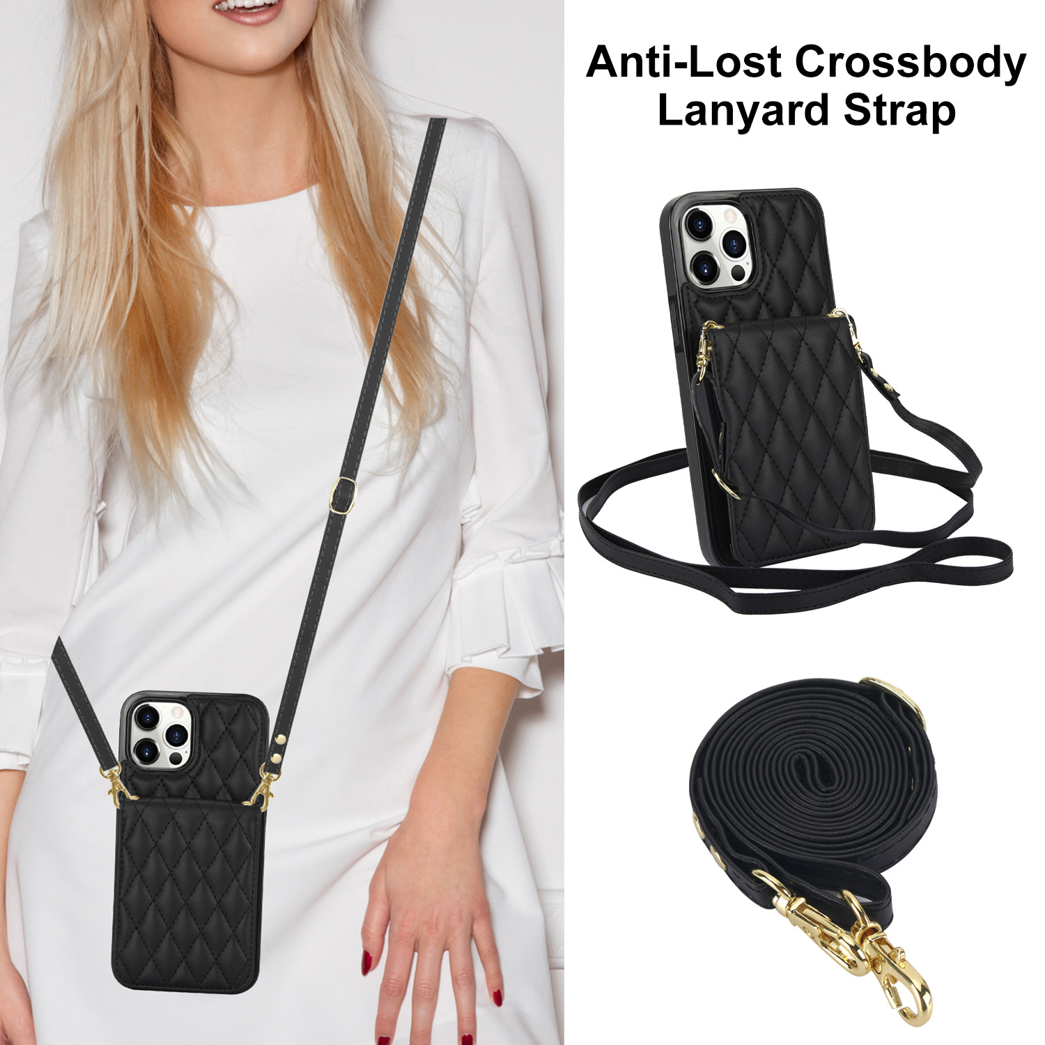 Women's Crossbody Leather Phone Case Classic Black