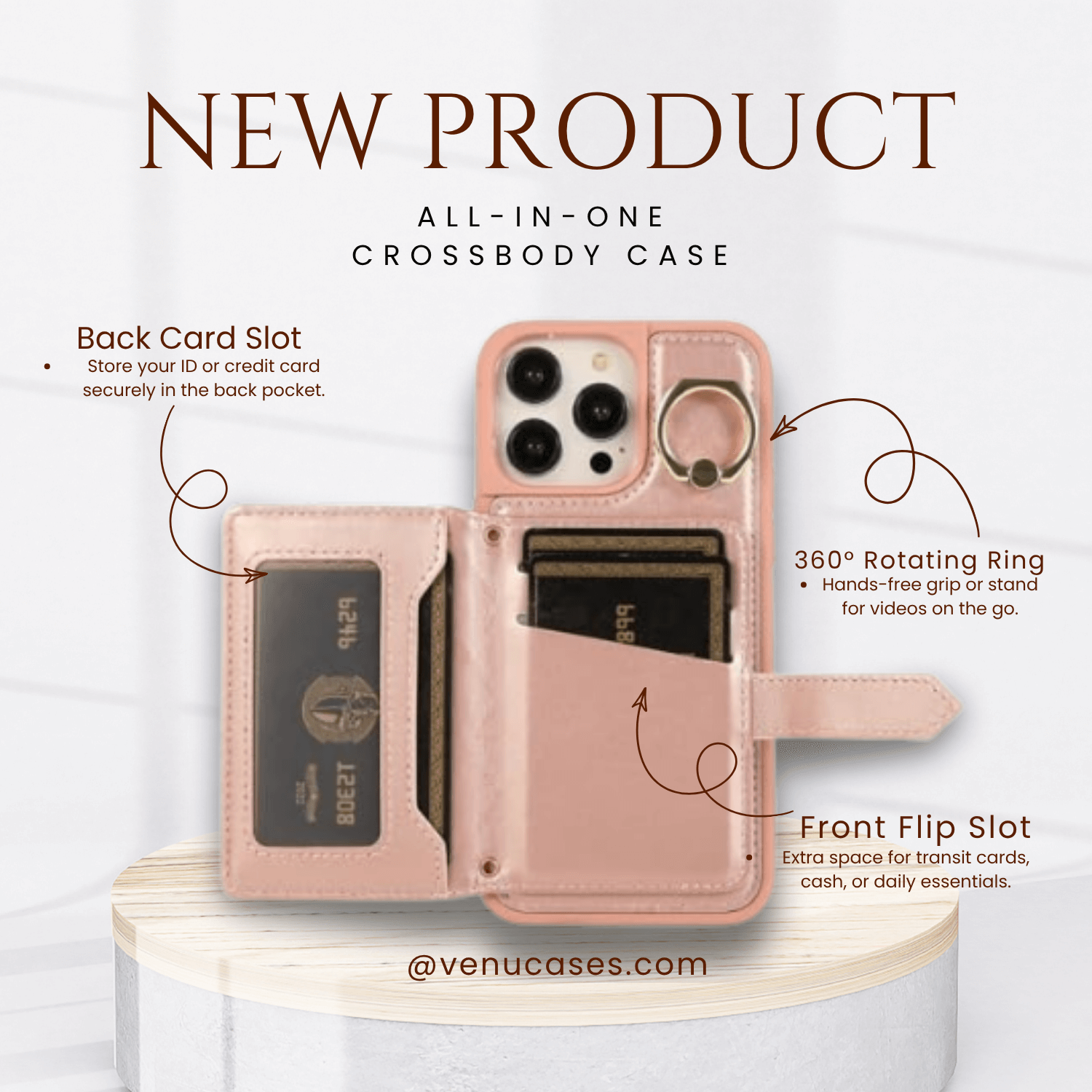 Chic Crossbody Card Case with Ring Rose Gold