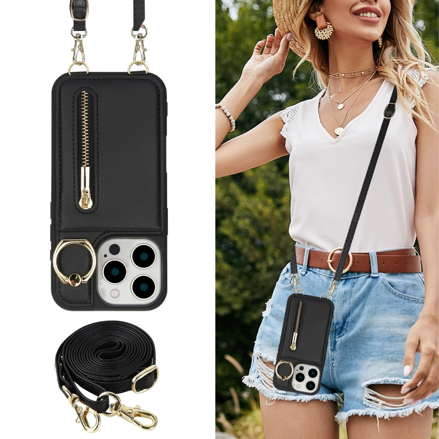 Zipper Wallet Crossbody Phone Case Classic Black