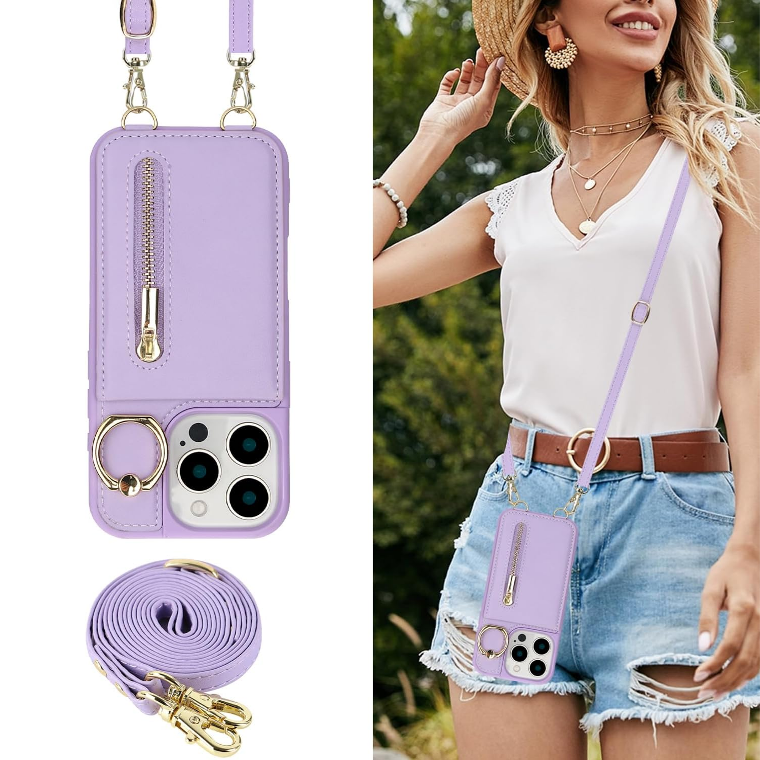 Zipper Wallet Crossbody Phone Case Purple