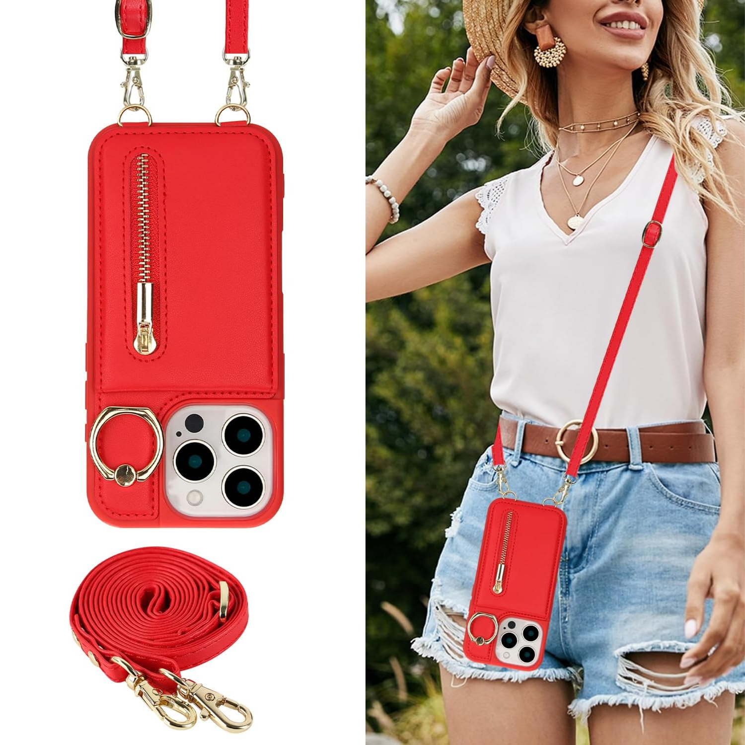 Zipper Wallet Crossbody Phone Case red