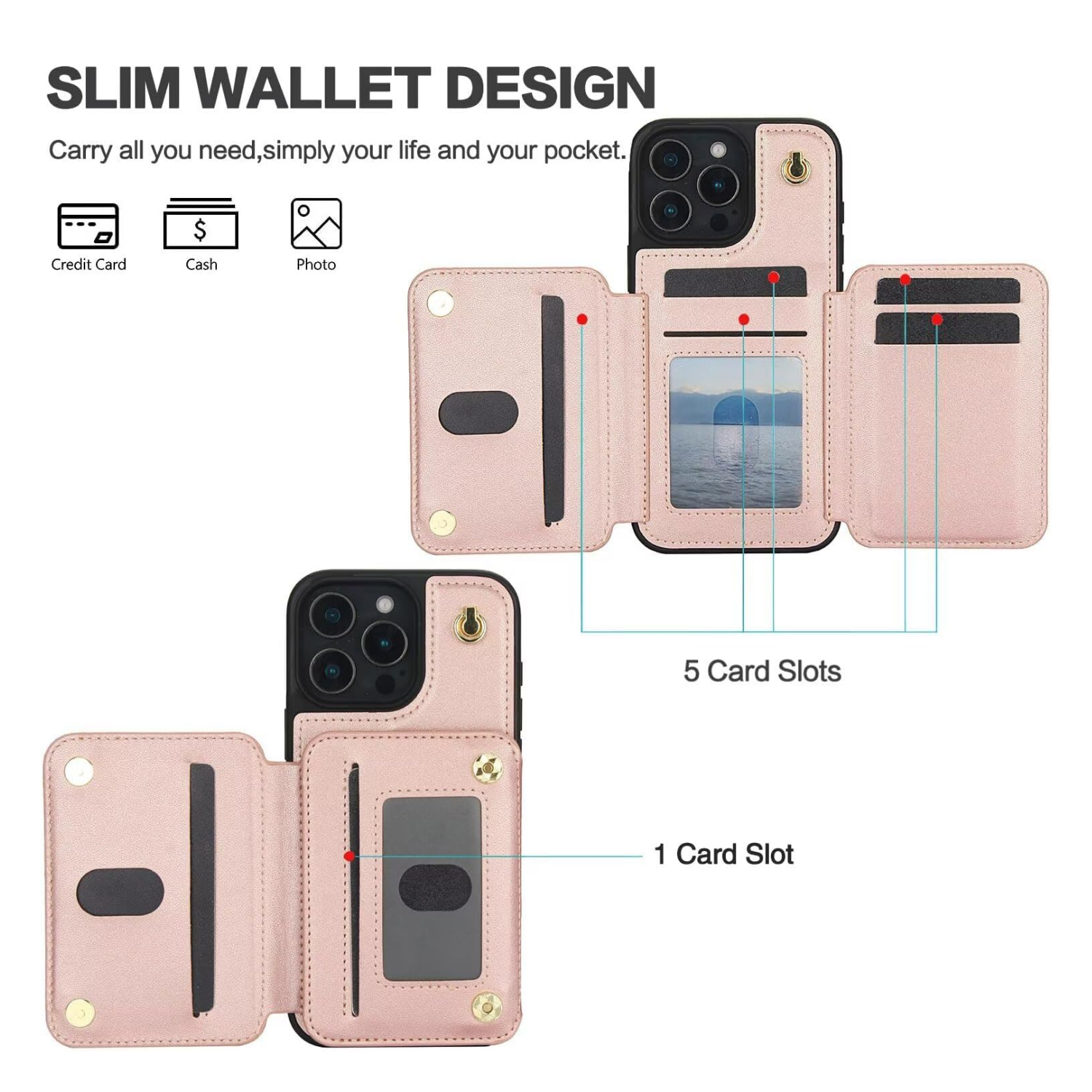 Zipper Wallet Crossbody Phone Case Rose Gold