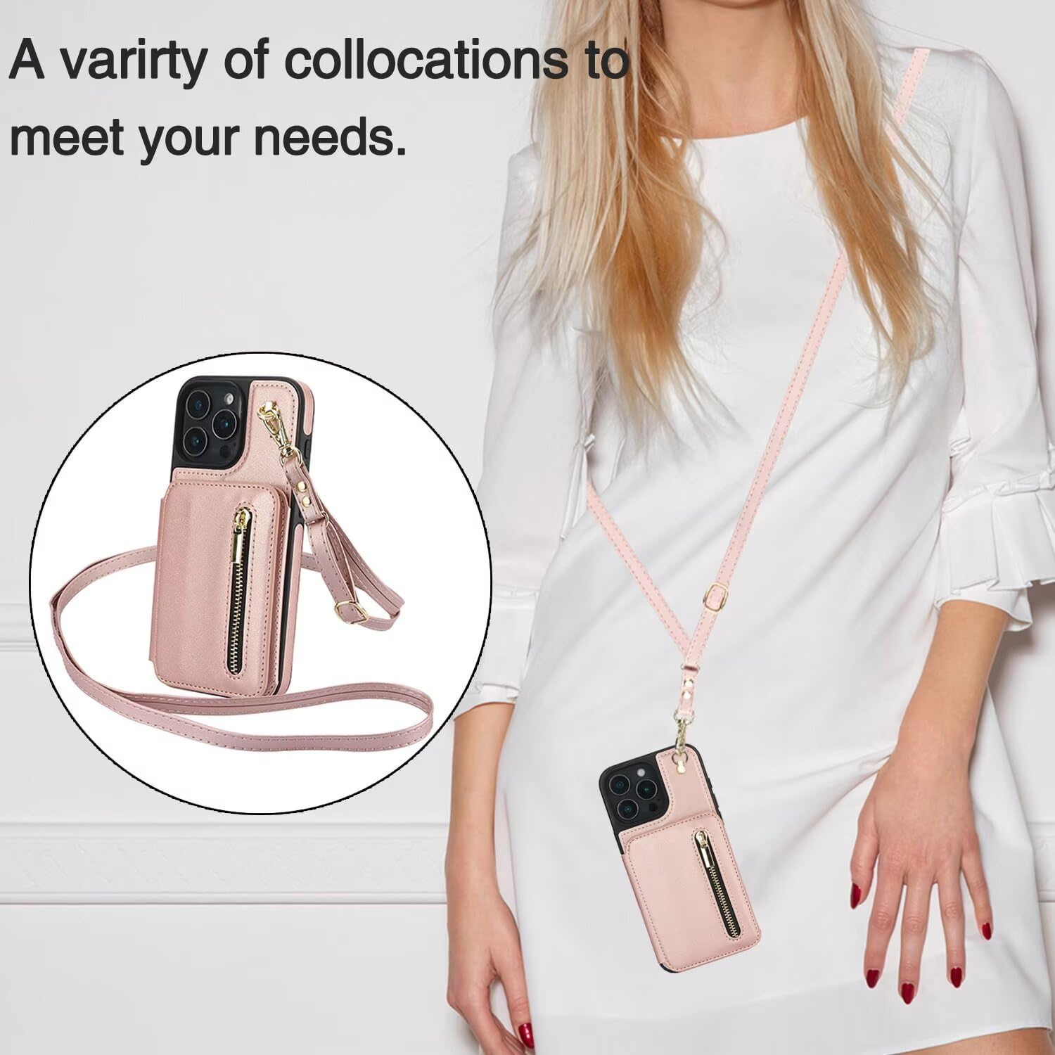 Zipper Wallet Crossbody Phone Case Rose Gold