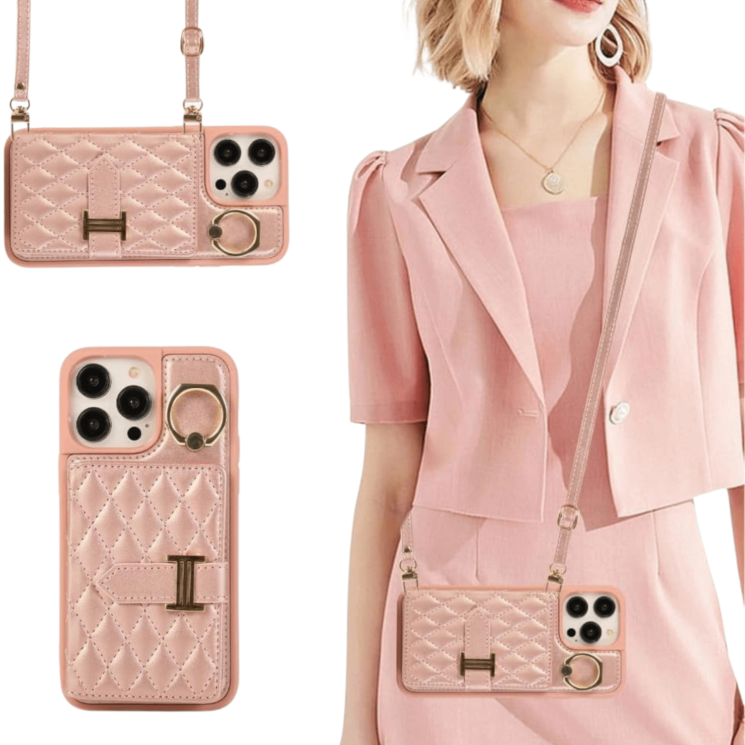 Chic Crossbody Card Case with Ring Rose Gold