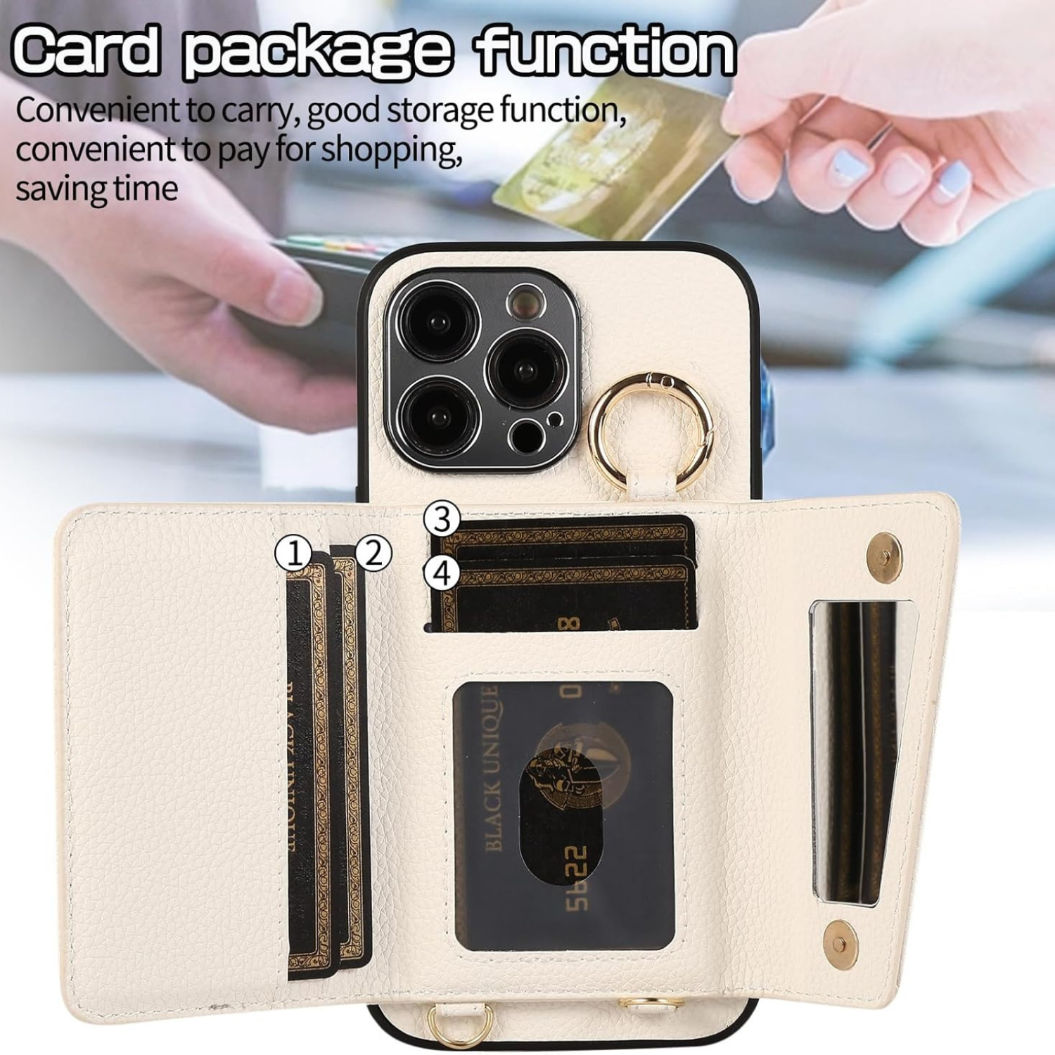 Mirror Ring Holder Crossbody Card Case Cream White