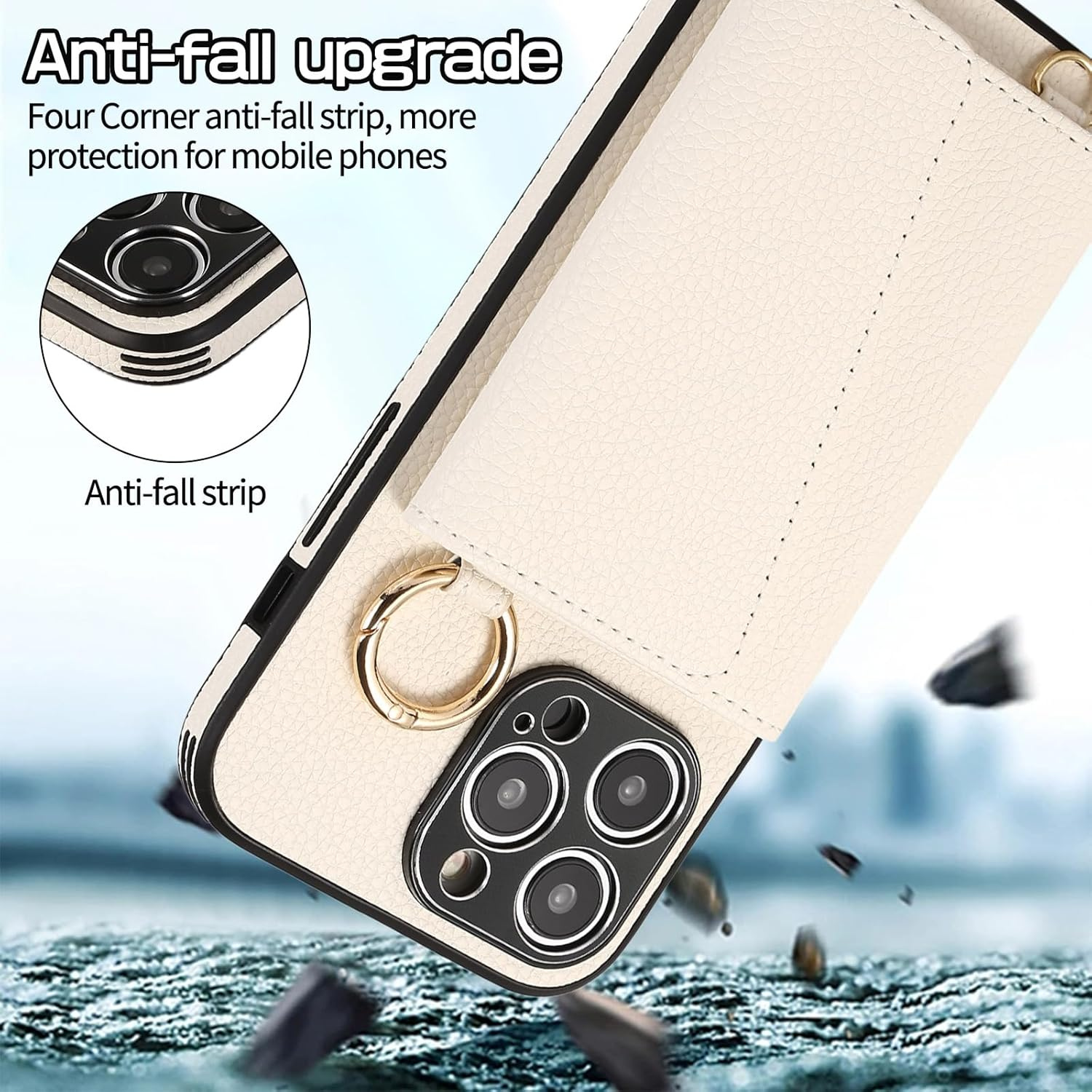 Mirror Ring Holder Crossbody Card Case Cream White