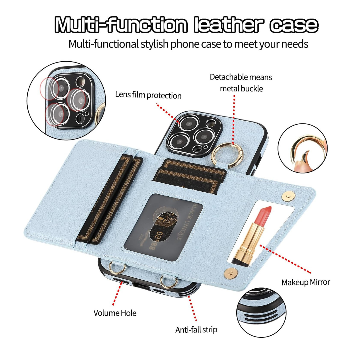 Mirror Ring Holder Crossbody Card Case blue
