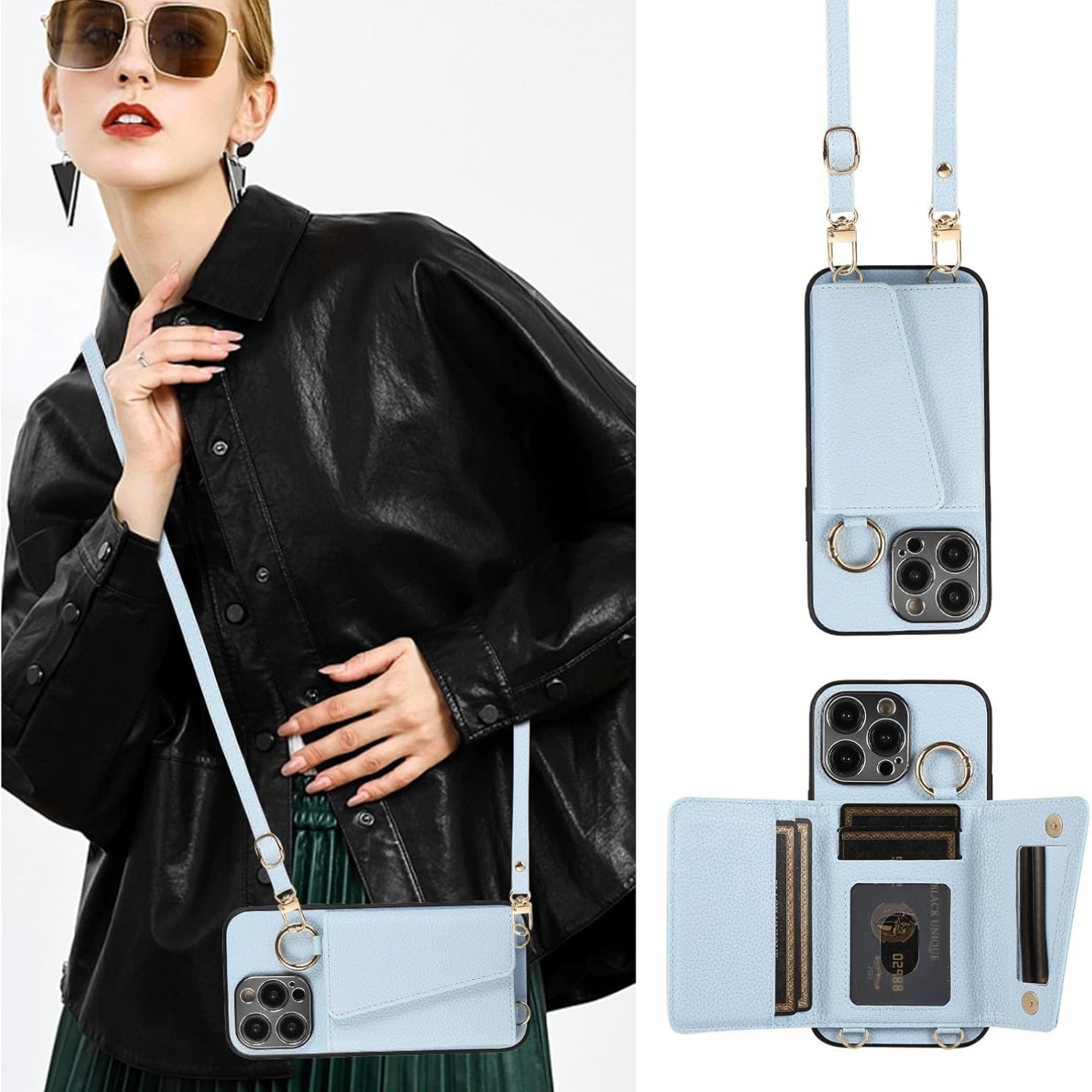 Mirror Ring Holder Crossbody Card Case blue