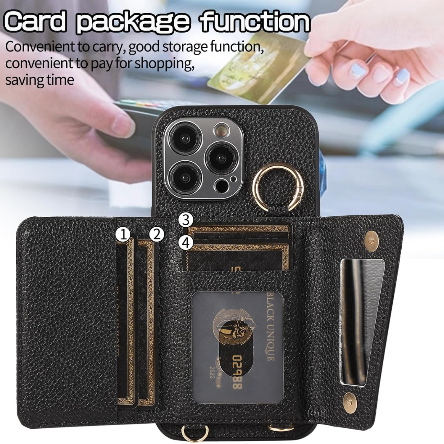 Mirror Ring Holder Crossbody Card Case Classic Black