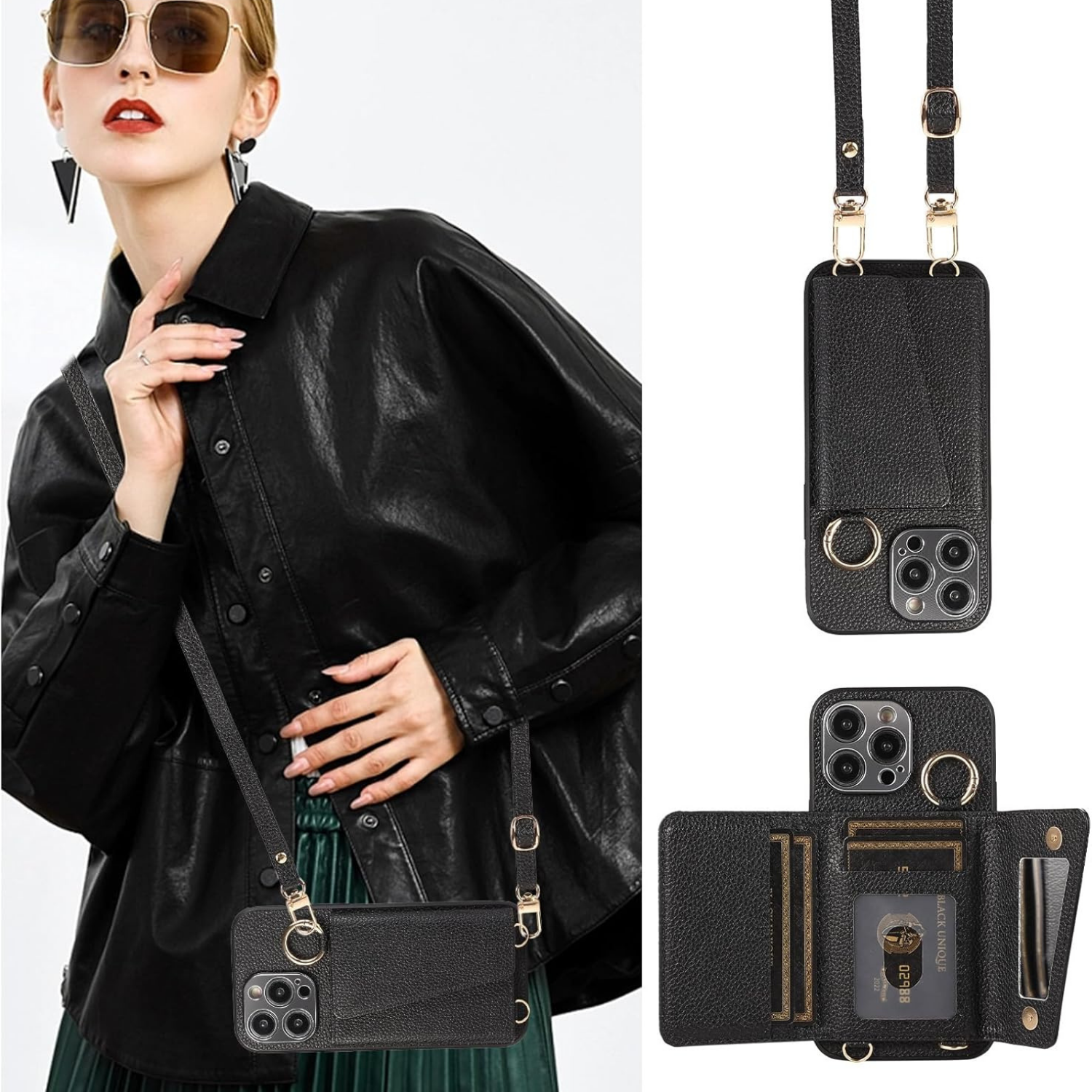 Mirror Ring Holder Crossbody Card Case Classic Black