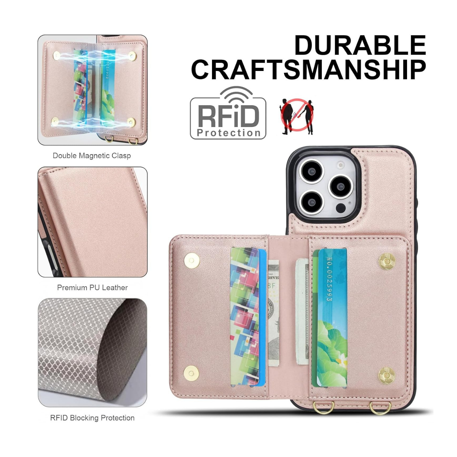 Wallet Style Leather Phone Case Rose Gold