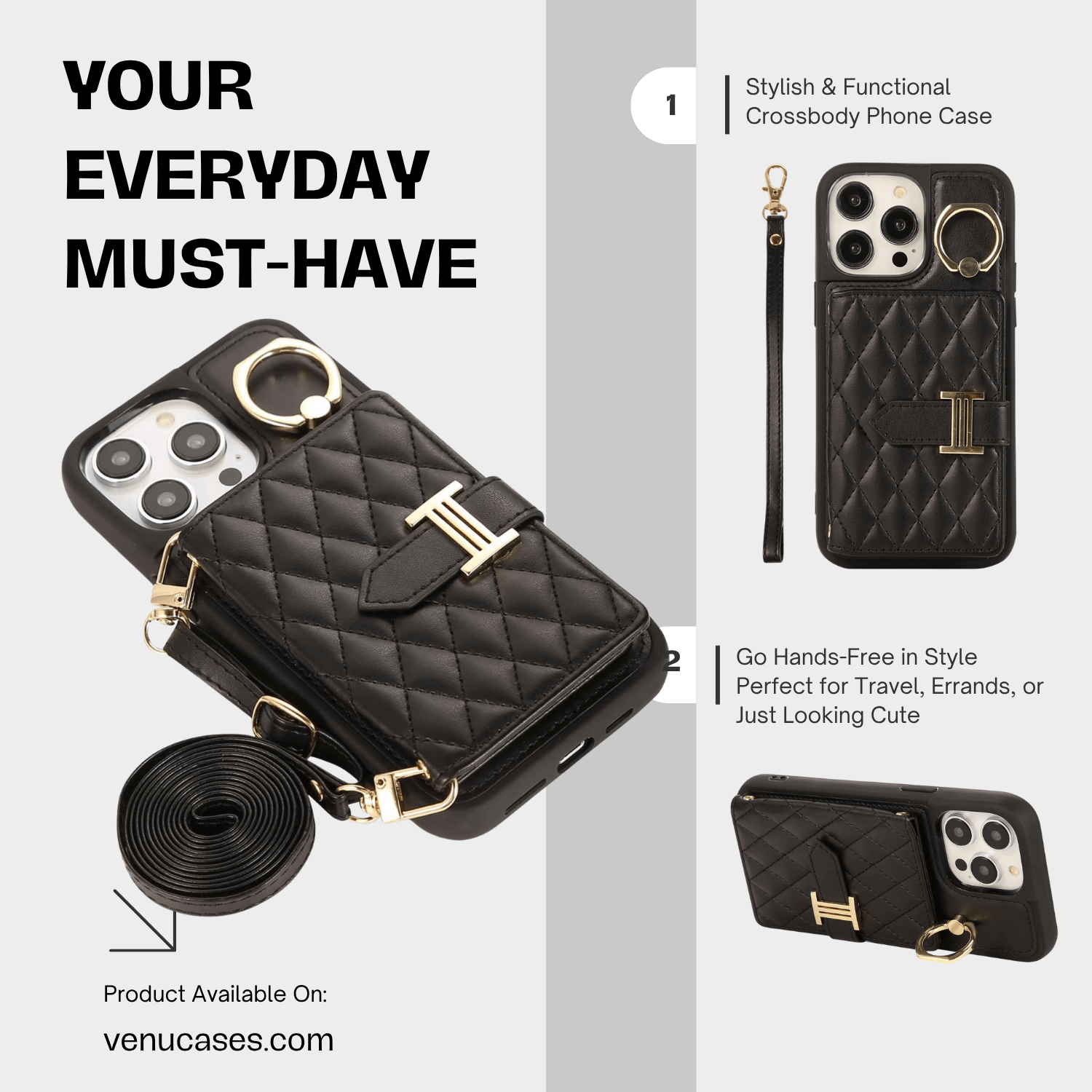 Chic Crossbody Card Case with Ring Classic Black