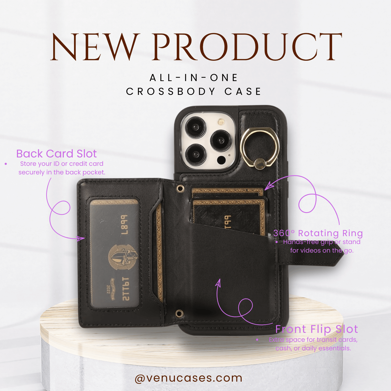 Chic Crossbody Card Case with Ring Classic Black