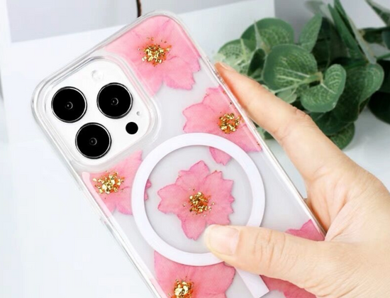 Venucases Compatible iPhone Flower Magnetic Case, Girls Floral Design Pressed Dried Real Flowers Slim Case Silicone TPU Rubber Romantic Cute Protective Clear Phone Case Women's Yellow - Venucases