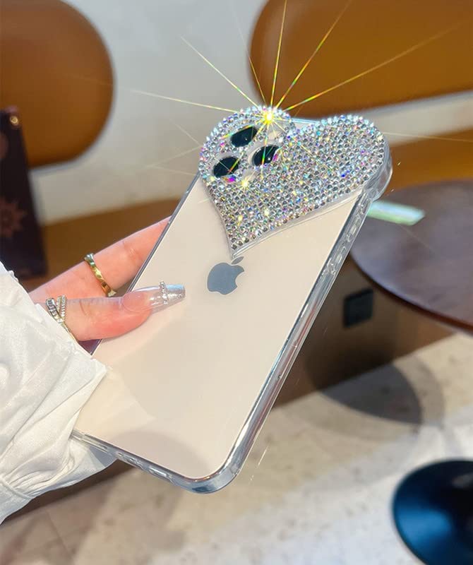 Venucacses Clear Glitter Phone Case for iPhone, 3D Heart Design Phone Case with Girly Brilliant Diamond Rhinestone Sparkle Heart Slim Soft Shockproof Case for Women - Venucases