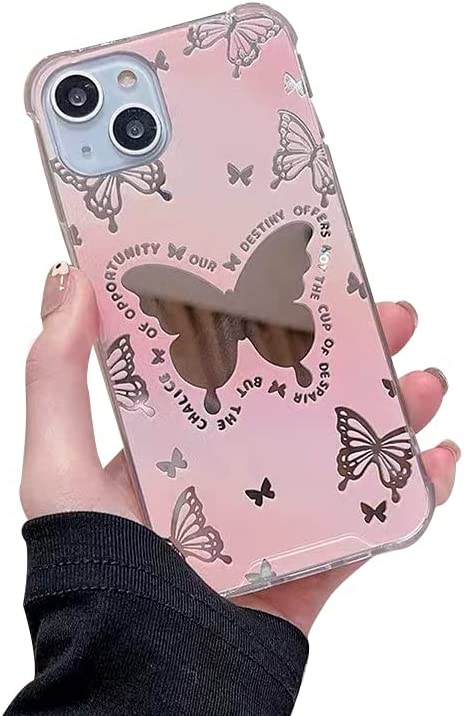 Venucases Pink Butterfly Phone Case Compatible with iPhone Case, Cute Venucases Phone Case, Pink Gradient Mirror Butterfly Phone Cover for Women Girls - Venucases