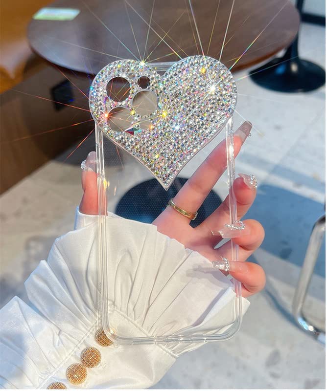 Venucacses Clear Glitter Phone Case for iPhone, 3D Heart Design Phone Case with Girly Brilliant Diamond Rhinestone Sparkle Heart Slim Soft Shockproof Case for Women - Venucases