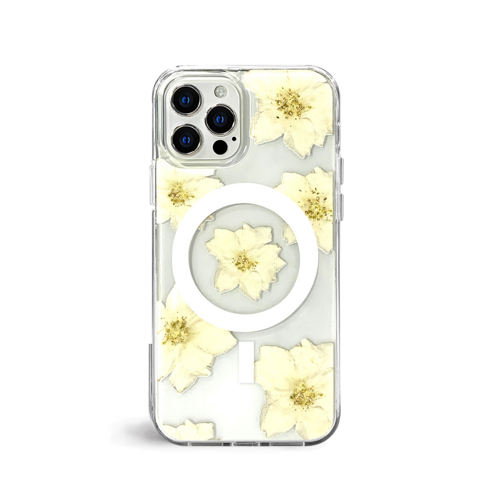 Venucases Compatible iPhone Flower Magnetic Case, Girls Floral Design Pressed Dried Real Flowers Slim Case Silicone TPU Rubber Romantic Cute Protective Clear Phone Case Women's Yellow - Venucases