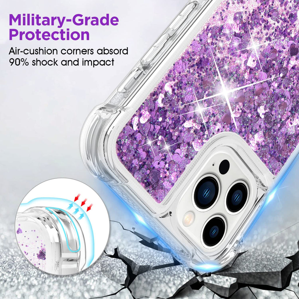 Venucases Purple iPhone  Case  Floating Liquid Quicksand Bling Sequin Glitter 3 in 1 Shockproof Hard PC Bumper Durable Full Body Protective Girls Women Cover-Clear - Venucases