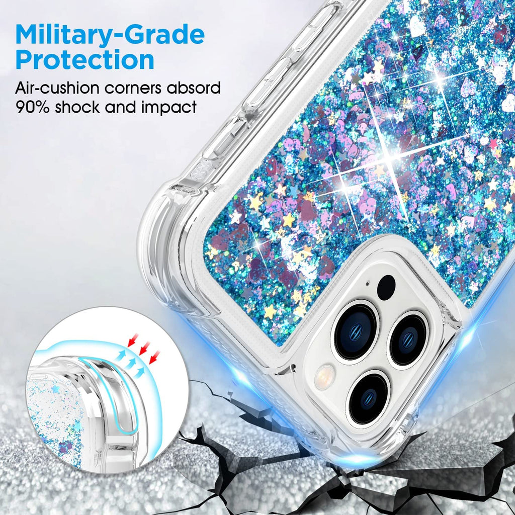 Venucases Blue iPhone  Case  Floating Liquid Quicksand Bling Sequin Glitter 3 in 1 Shockproof Hard PC Bumper Durable Full Body Protective Girls Women Cover-Clear - Venucases
