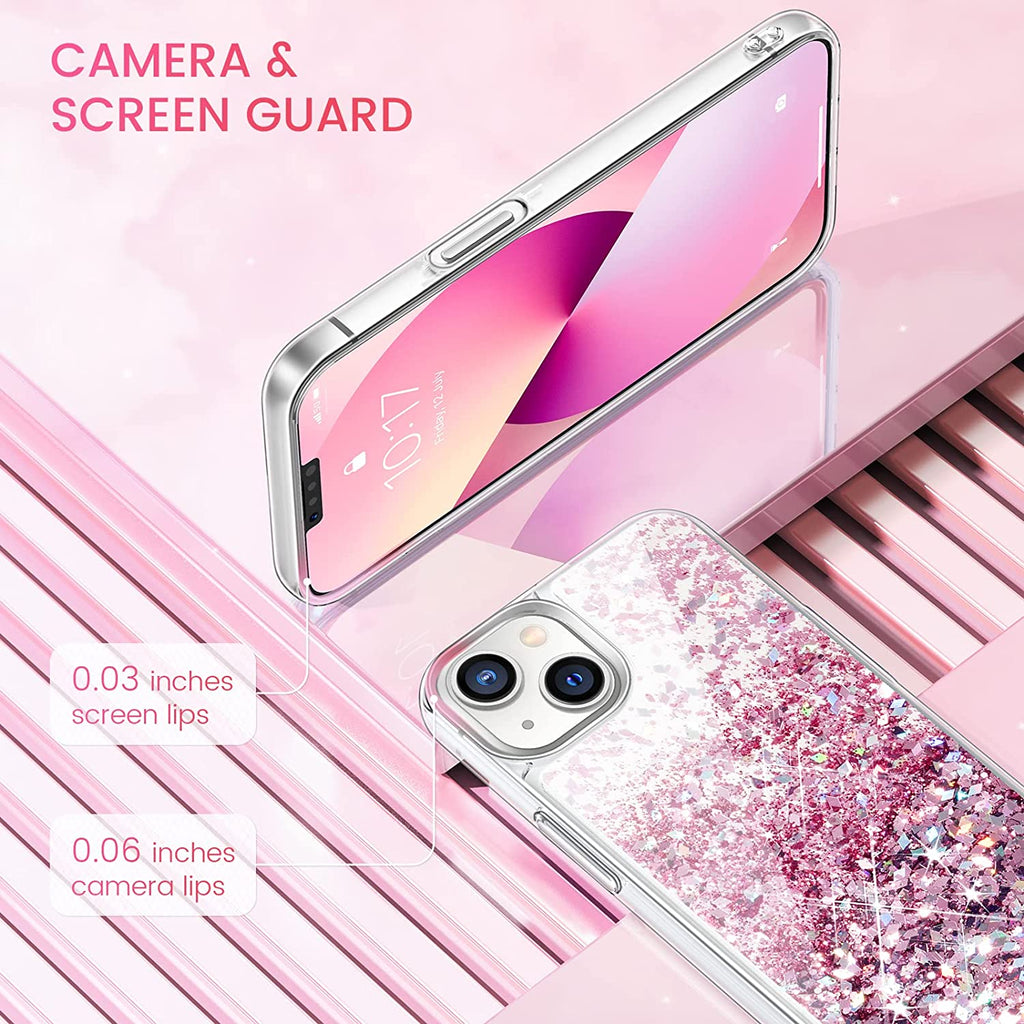 Venucases Pink iPhone  Case  Floating Liquid Quicksand Bling Sequin Glitter 3 in 1 Shockproof Hard PC Bumper Durable Full Body Protective Girls Women Cover-Clear - Venucases