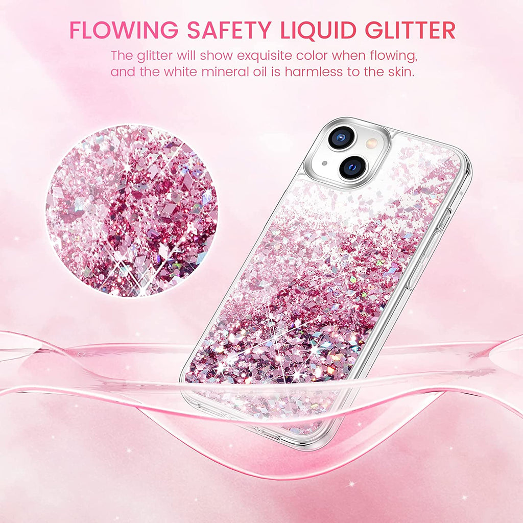 Venucases Pink iPhone  Case  Floating Liquid Quicksand Bling Sequin Glitter 3 in 1 Shockproof Hard PC Bumper Durable Full Body Protective Girls Women Cover-Clear - Venucases