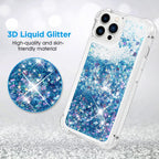 Venucases Blue iPhone  Case  Floating Liquid Quicksand Bling Sequin Glitter 3 in 1 Shockproof Hard PC Bumper Durable Full Body Protective Girls Women Cover-Clear - Venucases