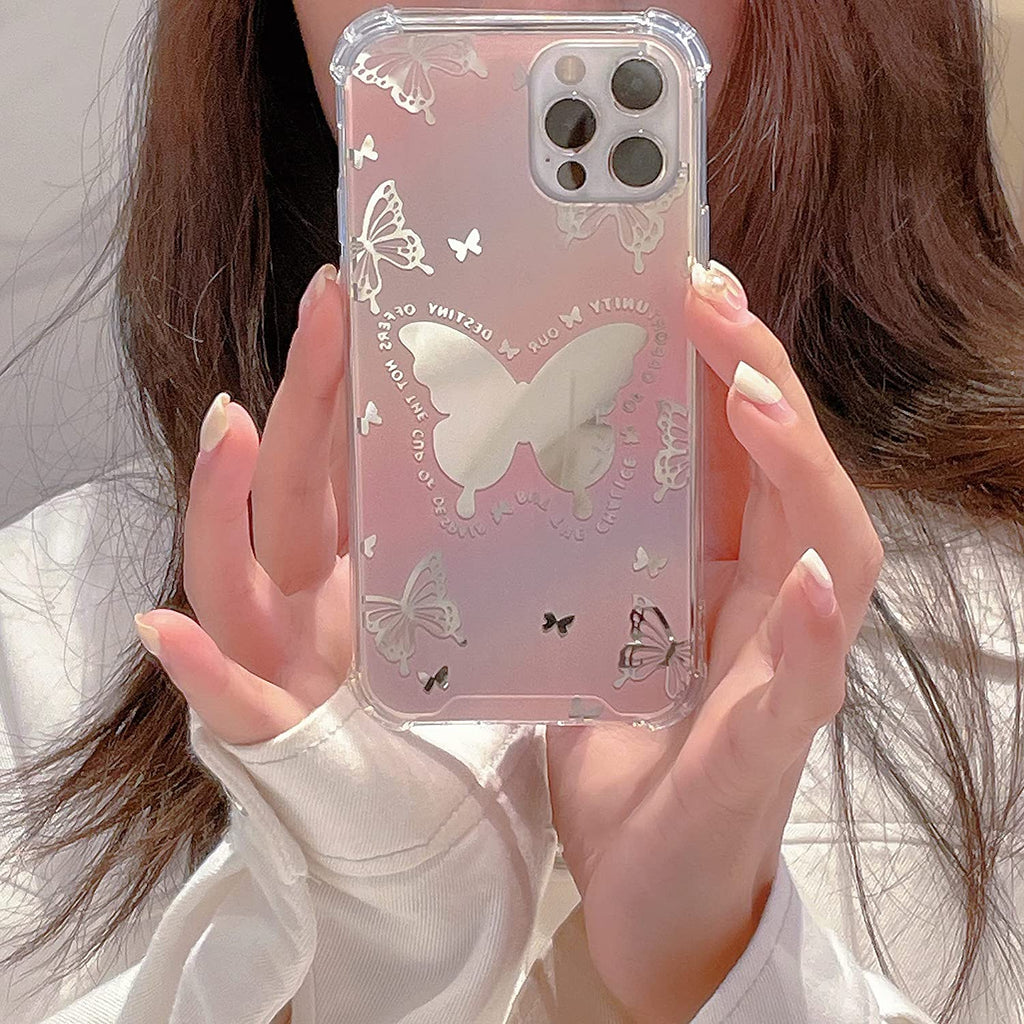 Venucases Pink Butterfly Phone Case Compatible with iPhone Case, Cute Venucases Phone Case, Pink Gradient Mirror Butterfly Phone Cover for Women Girls - Venucases