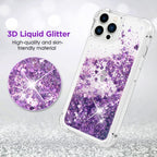 Venucases Purple iPhone  Case  Floating Liquid Quicksand Bling Sequin Glitter 3 in 1 Shockproof Hard PC Bumper Durable Full Body Protective Girls Women Cover-Clear - Venucases
