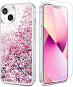 Venucases Pink iPhone  Case  Floating Liquid Quicksand Bling Sequin Glitter 3 in 1 Shockproof Hard PC Bumper Durable Full Body Protective Girls Women Cover-Clear - Venucases