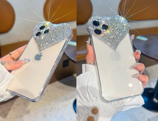 Venucacses Clear Glitter Phone Case for iPhone, 3D Heart Design Phone Case with Girly Brilliant Diamond Rhinestone Sparkle Heart Slim Soft Shockproof Case for Women - Venucases