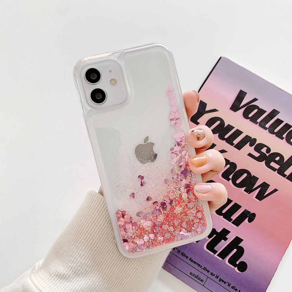 Venucases Pink iPhone  Case  Floating Liquid Quicksand Bling Sequin Glitter 3 in 1 Shockproof Hard PC Bumper Durable Full Body Protective Girls Women Cover-Clear - Venucases