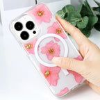 Venucases Compatible iPhone Flower Magnetic Case, Girls Floral Design Pressed Dried Real Flowers Slim Case Silicone TPU Rubber Romantic Cute Protective Clear Phone Case Women Red - Venucases