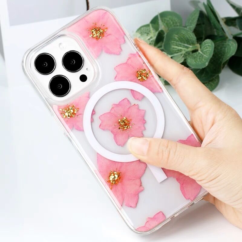 Venucases Compatible iPhone Flower Magnetic Case, Girls Floral Design Pressed Dried Real Flowers Slim Case Silicone TPU Rubber Romantic Cute Protective Clear Phone Case Women Red - Venucases